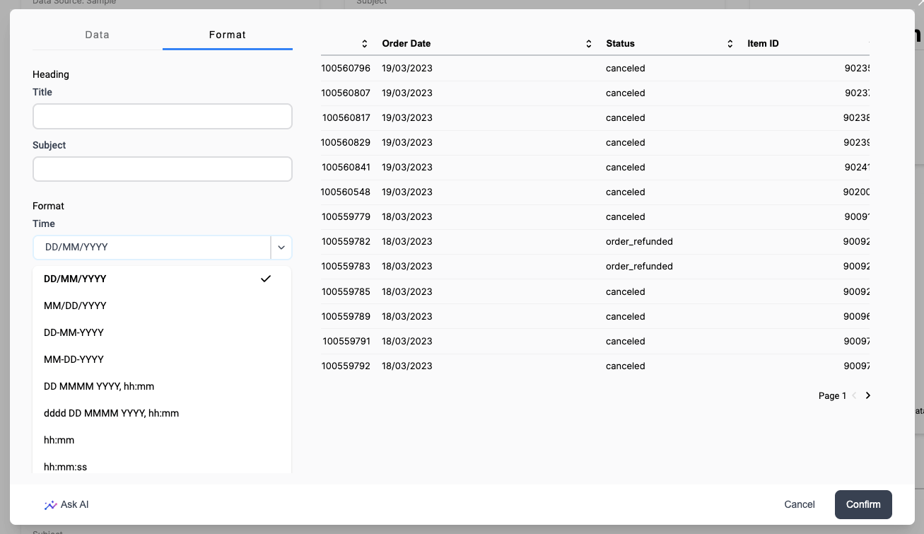 Vizzly Dashboard Date Format Options Dropdown